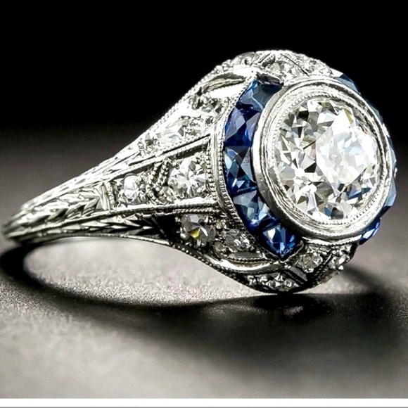 New Sterling Silver & Sapphire Art Deco Ring - Picture 2 of 6